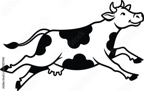 A black and white cartoon cow running to the right