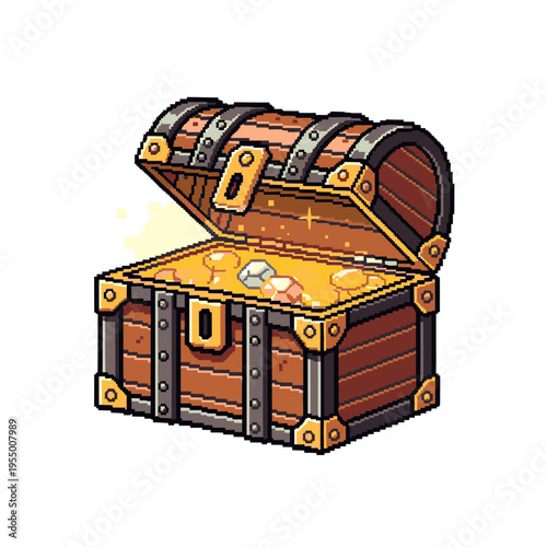 Old wooden treasure chest filled gold.
