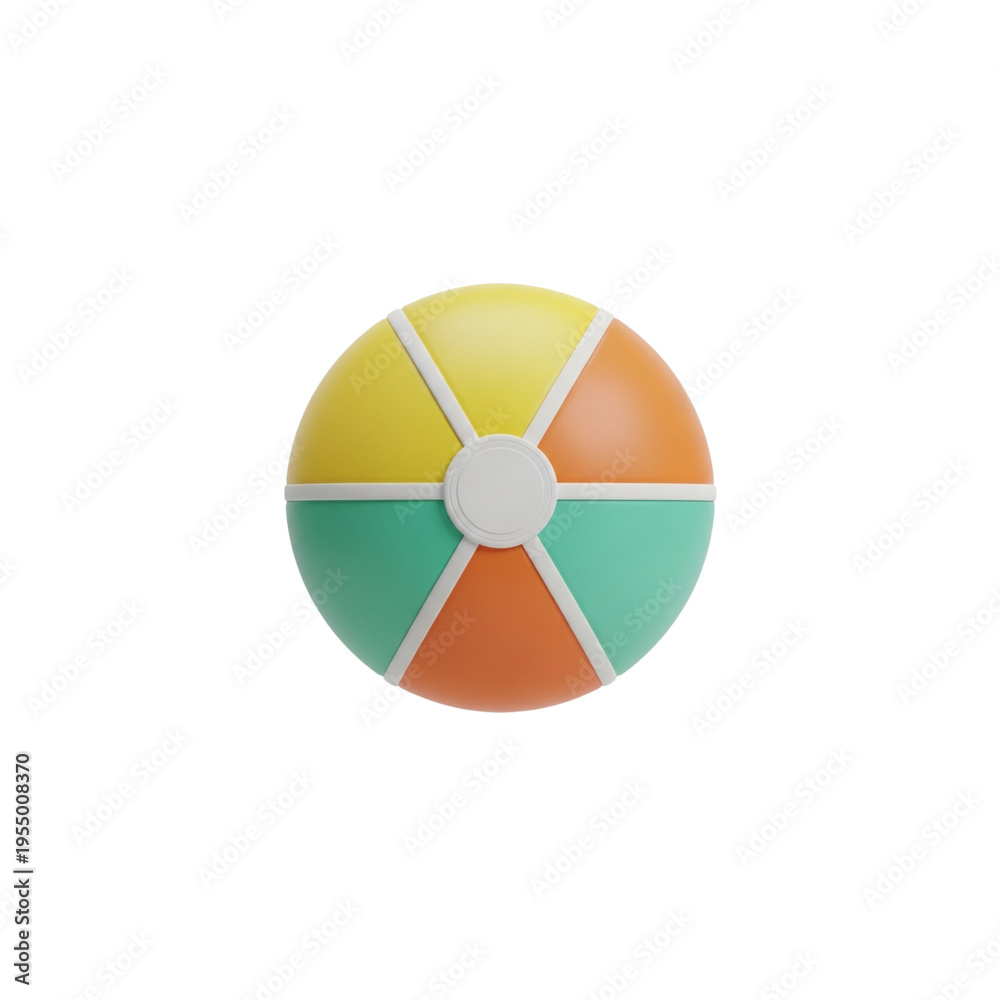 Fototapeta premium A vibrant, segmented beach ball, rendered in 3D, displays cheerful yellow, orange, and green panels, perfect for summer vacation or playful activity concepts.