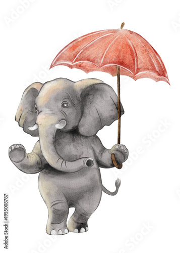 Elephant holds red umbrella in watercolor art for packaging and postcard design