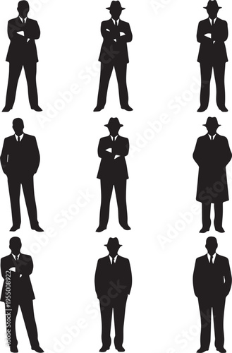 Retro detective and gangster silhouettes in fedoras and suits on transparent background