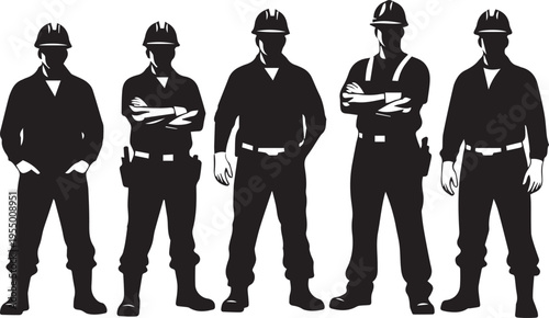 Five construction workers standing with arms crossed and one with hand on hip