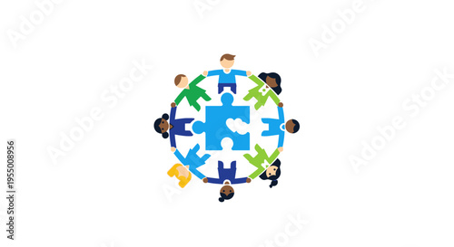 Diverse people holding puzzle pieces together.
