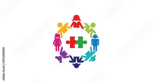 Diverse people holding puzzle pieces together.