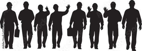 Construction workers walking and gesturing with tools and briefcases