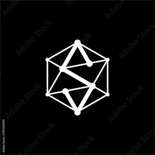 A futuristic, minimalist icon integrating letter S within a clean geometric hexagon wireframe.