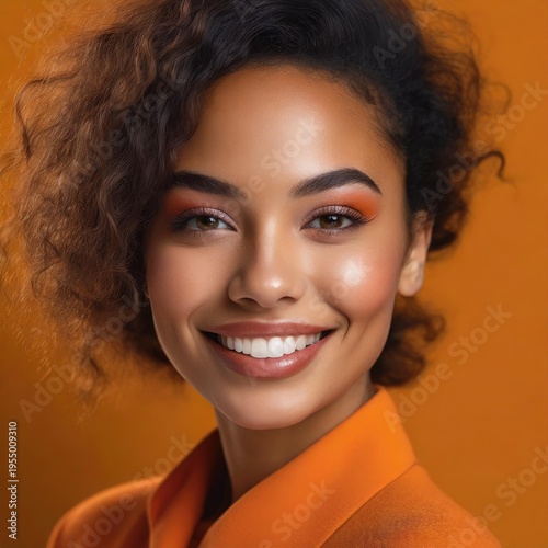 Smiling portrait of curly haired woman in orange outfit on orange background