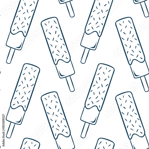 Doodle style seamless pattern with chocolate popsicles and Mediterranean blue outlines. Clean hand-drawn vector repeat for ice cream branding, culinary projects or dessert menus