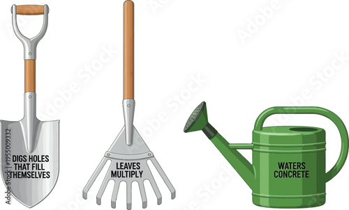 Gardening tools featuring humorous text describing their ineffective functions include a shovel, a rake, and a watering can.