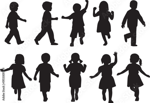 Children silhouettes playing and running in various energetic motions