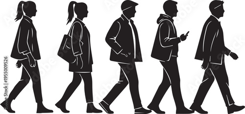Line of people walking forward side view silhouettes vector graphics