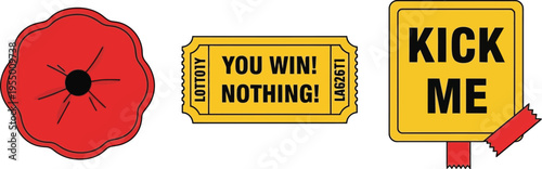 A collection of visual symbols representing remembrance, losing a lottery, and practical jokes is isolated on a white background.