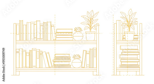 Books and Plants Shelf Line Icons Vector Set – Cozy Home Library Furniture Orthographic Yellow Outline Drawing