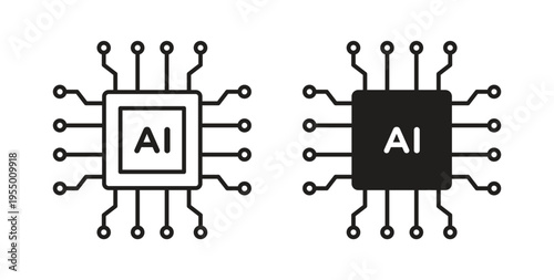 AI chip icon set different line and flat style collection.