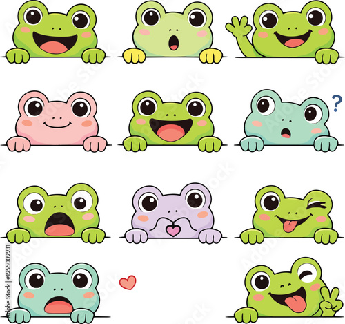 Cute frog cartoon faces set with different emotions, kawaii green frog characters peeking, funny expressions vector illustration for kids, stickers and mascot design