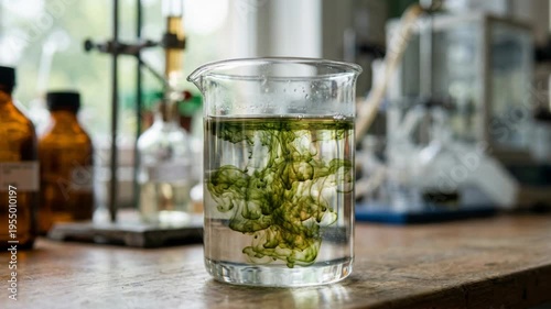 Wallpaper Mural Eco friendly solvents green chemistry laboratory beaker with green dye diffusing into clear solvent creating swirling diffusion patterns and calm Torontodigital.ca