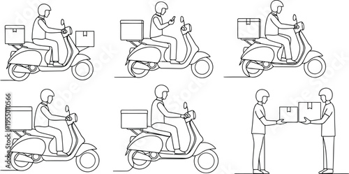 Delivery scooter and package handover icons with represents logistics and