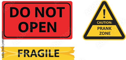 Three distinct warning and instructional labels including a red 'Do Not Open' sign, a yellow 'Fragile' banner, and a triangular caution sign indicate package handling instructions.