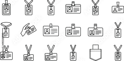 Id badge icon set - employee access card with lanyard with a set of simple