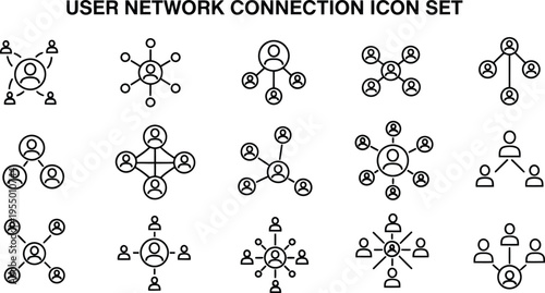 User network connection icon set - simple line art people group