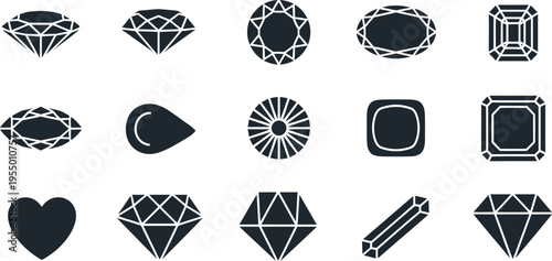 Assortment of 15 Dark Blue Gemstone and Diamond Cut Icons Keywords: gemstone, diamond, jewel, gem, cut, shape, icon, symbol, brilliant, oval