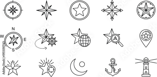 Nautical and navigation icons set with compass and anchor
