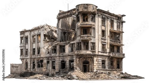 Razed multi story residential building with broken windows, crumbling walls and scattered rubble, isolated on transparent background to show urban war damage and abandonment
