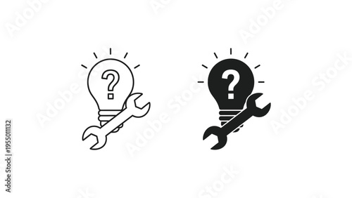 Dual lightbulb icons with question marks and wrenches symbolizing uncertainty and problem-solving