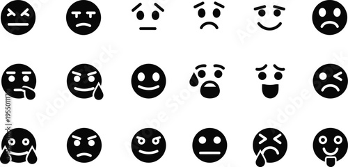Collection of 18 Dark Blue Emoji Icons Showing Diverse Facial Expressions Keywords: emoji, emoticon, face, icon, symbol, emotion, expression