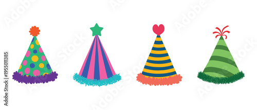 Festive party hats in bright colors, birthday cone cap set, vector decorations.