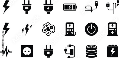 Collection of Electricity and Energy Related Icons in Black Silhouette Keywords: electricity, energy, power, lightning bolt, plug, socket, battery