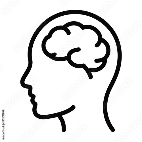Outline drawing of a human head profile showing the internal structure of the brain is isolated on white.
