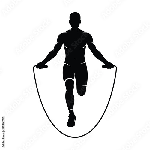Silhouette of a muscular man performing a jump rope exercise on one leg against a white background for fitness concepts.