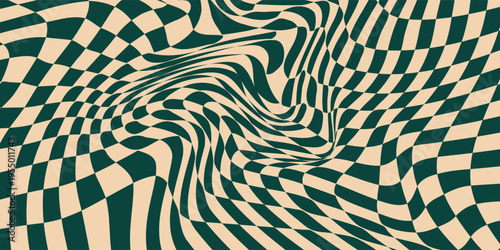 Groovy wave psychedelic checkerboard background. Hippie, retro chessboard template.Eps10
