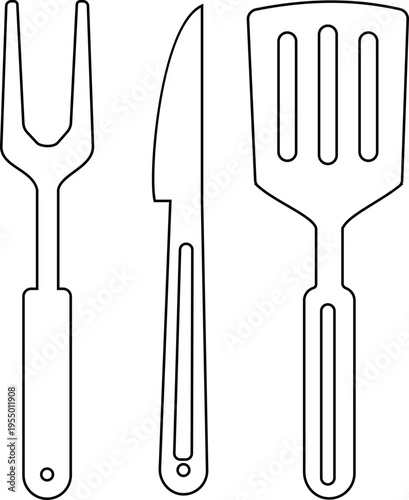 Black kitchen utensil icon fork knife spatula cooking tools symbols, flat and line style vector, cutlery equipment icons, food preparation utensils pack