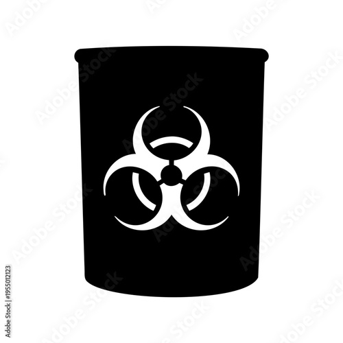 Black biohazard waste bin vector icon for medical, laboratory, and hazardous material disposal
