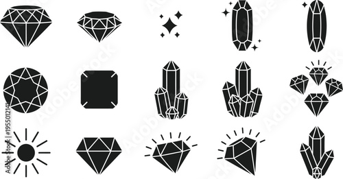 Set of Black Diamond and Crystal Icons with Sparkle Elements Keywords: diamond, gem, jewel, crystal, gemstone, precious stone, cut, faceted
