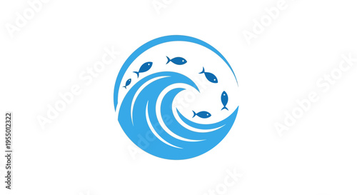 Fish swimming in wave circle logo.