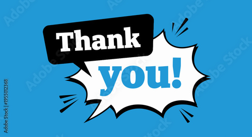 A digital illustration of a Thank You message in a comic speech bubble on blue background