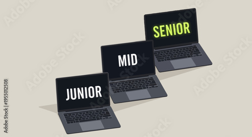 Three laptops labeled Junior, Mid, and Senior are arranged in a diagonal line on a beige surface.