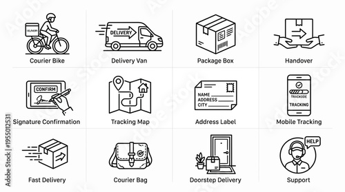A flat lay of various delivery-related icons on a white background, including a courier bike, delivery van, package box, and tracking map.