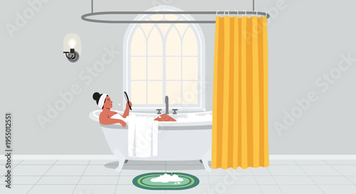 Woman relaxing in bathtub beside window with yellow curtain indoors