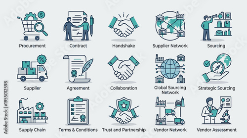 Flat lay of various business icons related to procurement, sourcing, and collaboration on a light gray background with blue and green graphics.