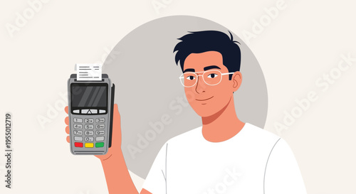 Man holding payment terminal device in office setting with technology