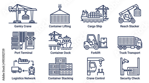 Line icons depicting various industrial and logistics concepts on a white background with a blue color scheme.