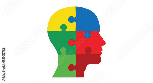A colorful puzzle piece illustration of a human head in profile on a white background