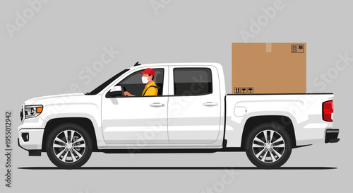 A cartoon chicken rides in a white pickup truck with a large cardboard box