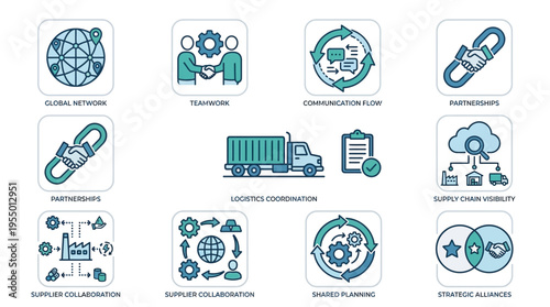 Flat lay of various business and technology icons in blue and gray tones on a white background with a professional and modern feel.