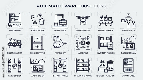 Collection of various automated warehouse icons on a gray background, featuring industrial and logistical symbols.