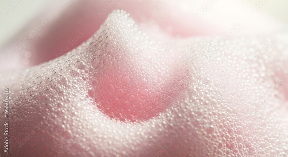 Fototapeta premium Pink cosmetic foam texture closeup. Soft skincare soap lather with bubbles. Korean beauty product concept for facial cleanser treatment. Gentle hygiene foam for healthy skin care routine.